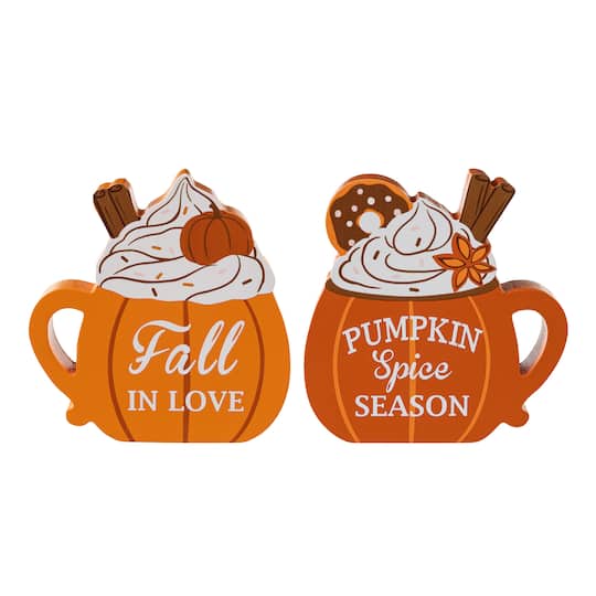 Glitzhome® Set of 2 Fall Wood Pumpkin Coffee Mug Table Decor